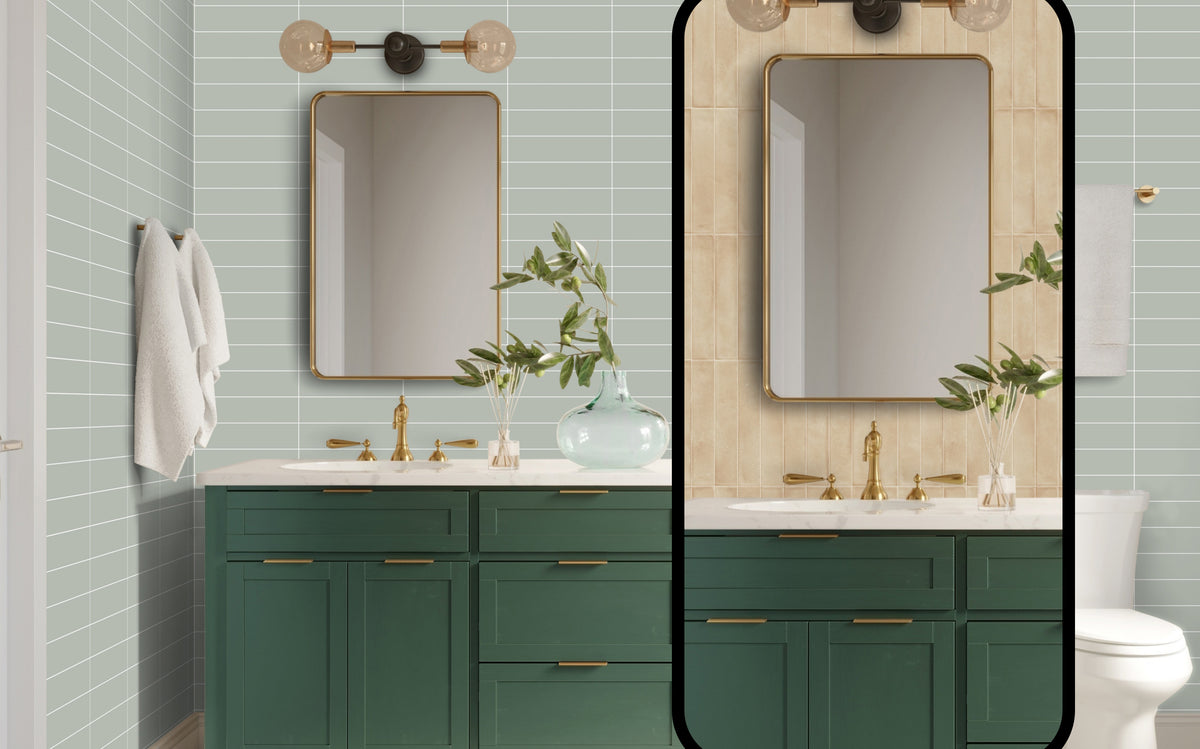 Modern ElitTile bathrooms featuring dark green vanities, gold fixtures, and mirrors, with green and beige subway tiles.