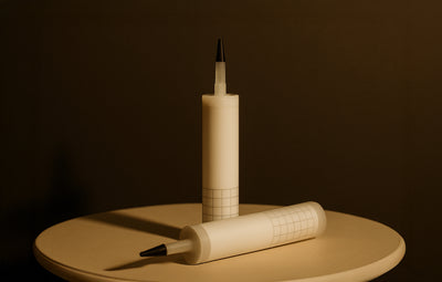 Two cylindrical caulk tubes with black nozzles positioned on circular beige platform against dark brown background.