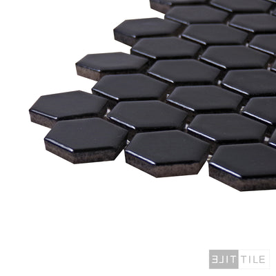 PORCELAIN GLAZED MATTE HEX MOSAICS 1X1 BLACK MATTE PRIMARY CORNER SHOT