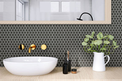 PORCELAIN GLAZED MATTE HEX MOSAICS 1X1 BLACK MATTE LIFESTYLE SHOT