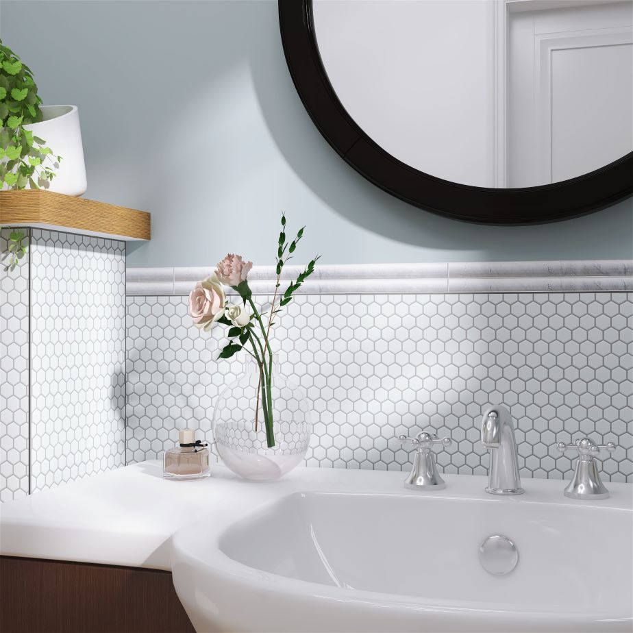 PORCELAIN GLAZED MATTE HEX MOSAICS 2X2 WHITE MATTE LIFESTYLE SHOT