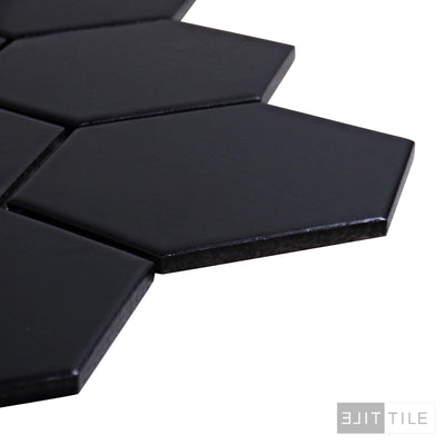 PORCELAIN GLAZED MATTE HEX MOSAICS 4X4 BLACK MATTE PRIMARY CORNER SHOT