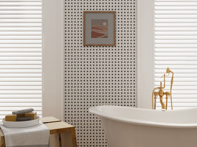 PORCELAIN GLAZED MOSAICS BASKETWEAVE 12X12 BLACK DOT MATTE LIFESTYLE SHOT