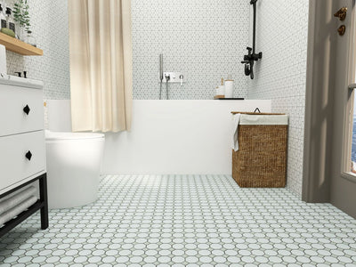 PORCELAIN MOSAIC OCTAGON 12X12 GREY DOT  LIFESTYLE SHOT