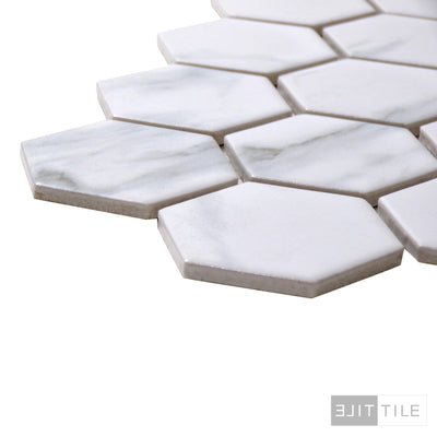 PORCELAIN GLAZED HEX MATTE 2X2 2X2 CARRARA WHITE MATTE PRIMARY CORNER SHOT