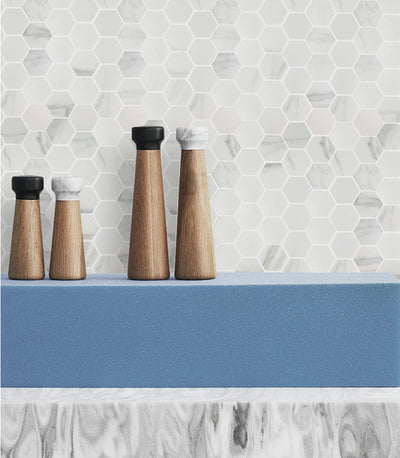 PORCELAIN GLAZED MOSAICS 2X2 HEX 12X12 CARRARA WHITE MATTE LIFESTYLE SHOT