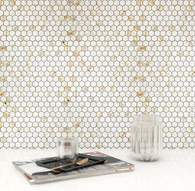 PORCELAIN GLAZED MOSAICS 1X1 HEX 12X12 CALACATTA GOLD MATTE LIFESTYLE SHOT