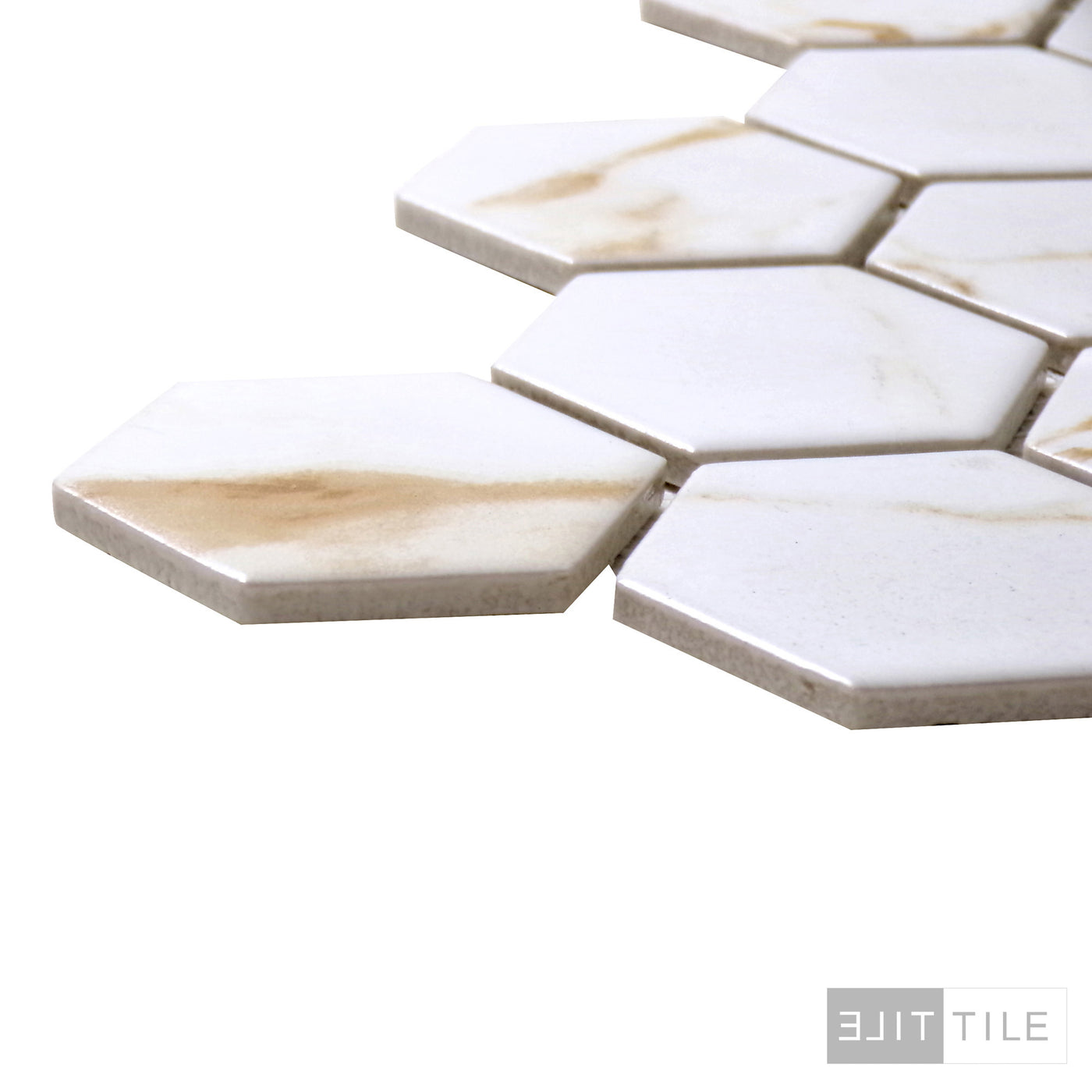 PORCELAIN GLAZED HEX MATTE 2X2 2X2 CALACATTA GOLD MATTE PRIMARY CORNER SHOT