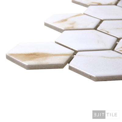 PORCELAIN GLAZED HEX MATTE 2X2 2X2 CALACATTA GOLD MATTE PRIMARY CORNER SHOT