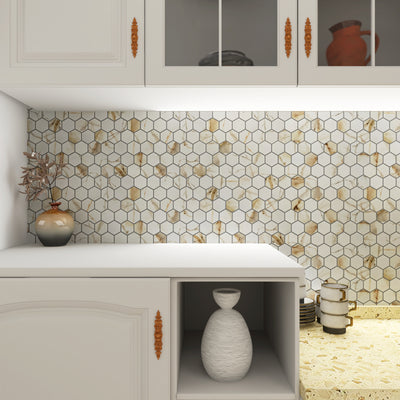 PORCELAIN GLAZED MOSAICS 2X2 HEX 12X12 CALACATTA GOLD MATTE LIFESTYLE SHOT