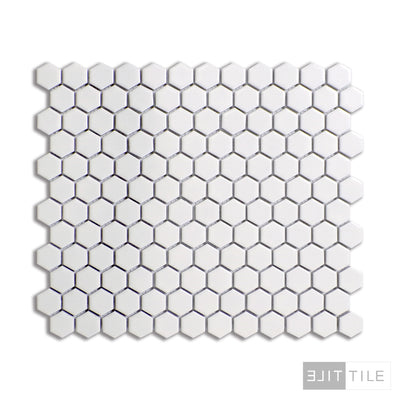 Porcelain Glazed Mosaics 1X1 Hex 12X12 White w/ Blk Floral Matt Matte