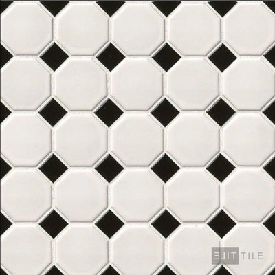 Porcelain Glazed Mosaics 2X2 Octagon 12X12 White With Black Dot Matte