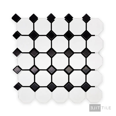 Porcelain Glazed Mosaics 2X2 Octagon 12X12 White With Black Dot Matte