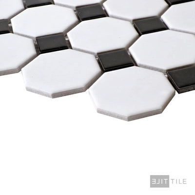 Porcelain Glazed Mosaics 2X2 Octagon 12X12 White With Black Dot Matte