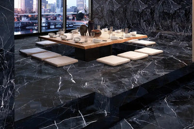 Tele Di Marmo Revolution Porcelain Large Format Field Tile 24X48 Calacatta Black Polished