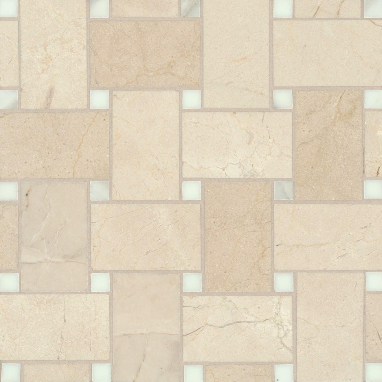 Jumbo Basketweave Mosaic Honed 11.22X11.22X3/8 Crema Marfil W/ Calacatta Dot