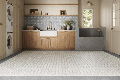 Jumbo Basketweave Mosaic Honed 11.22X11.22X3/8 Oriental White W/ Cinder Grey Dot