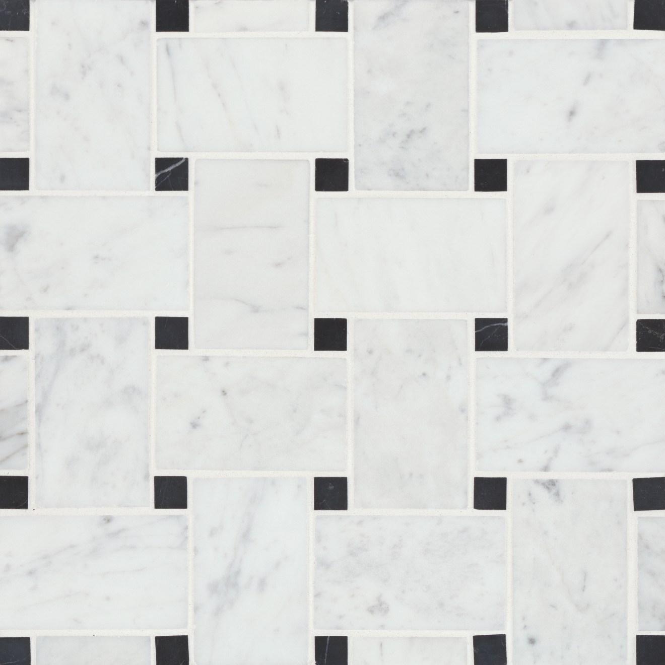 Jumbo Basketweave Mosaic Honed 11.22X11.22X3/8 White Carrara W/ Absolute Black Dot