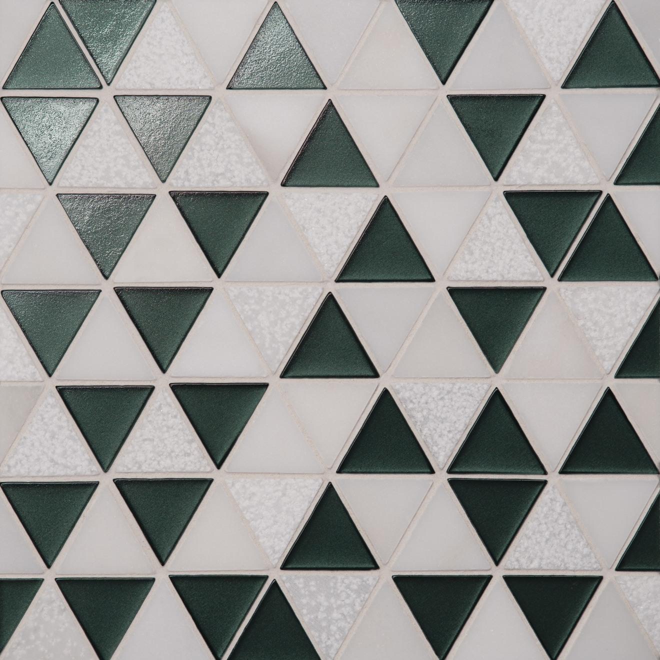 Kaikos Triangle Glass/Stone Mosaic Matte 9-1/2X10 Dark Green & Oriental White