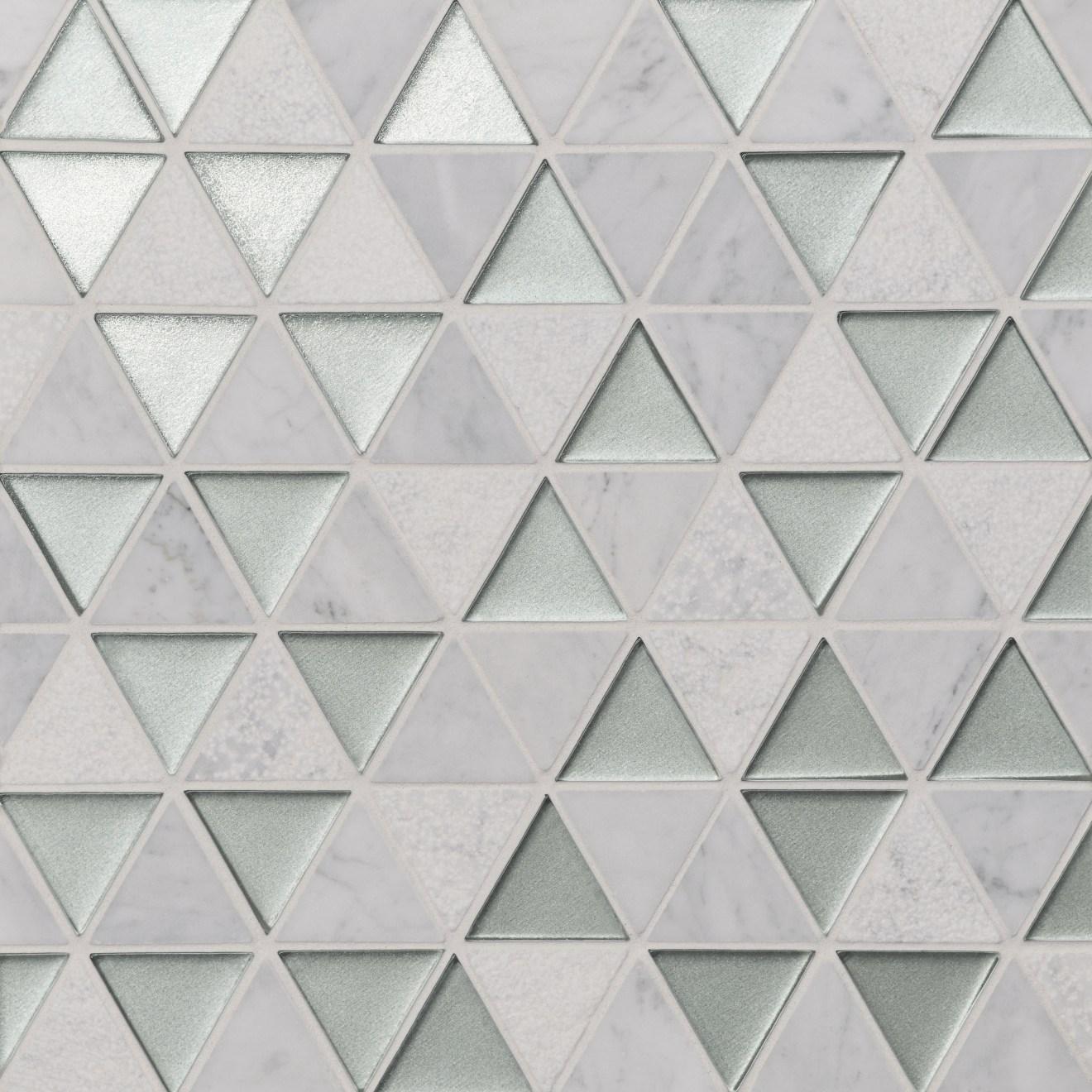 Kaikos Triangle Glass/Stone Mosaic Matte 9-1/2X10 Silver & White Carrara