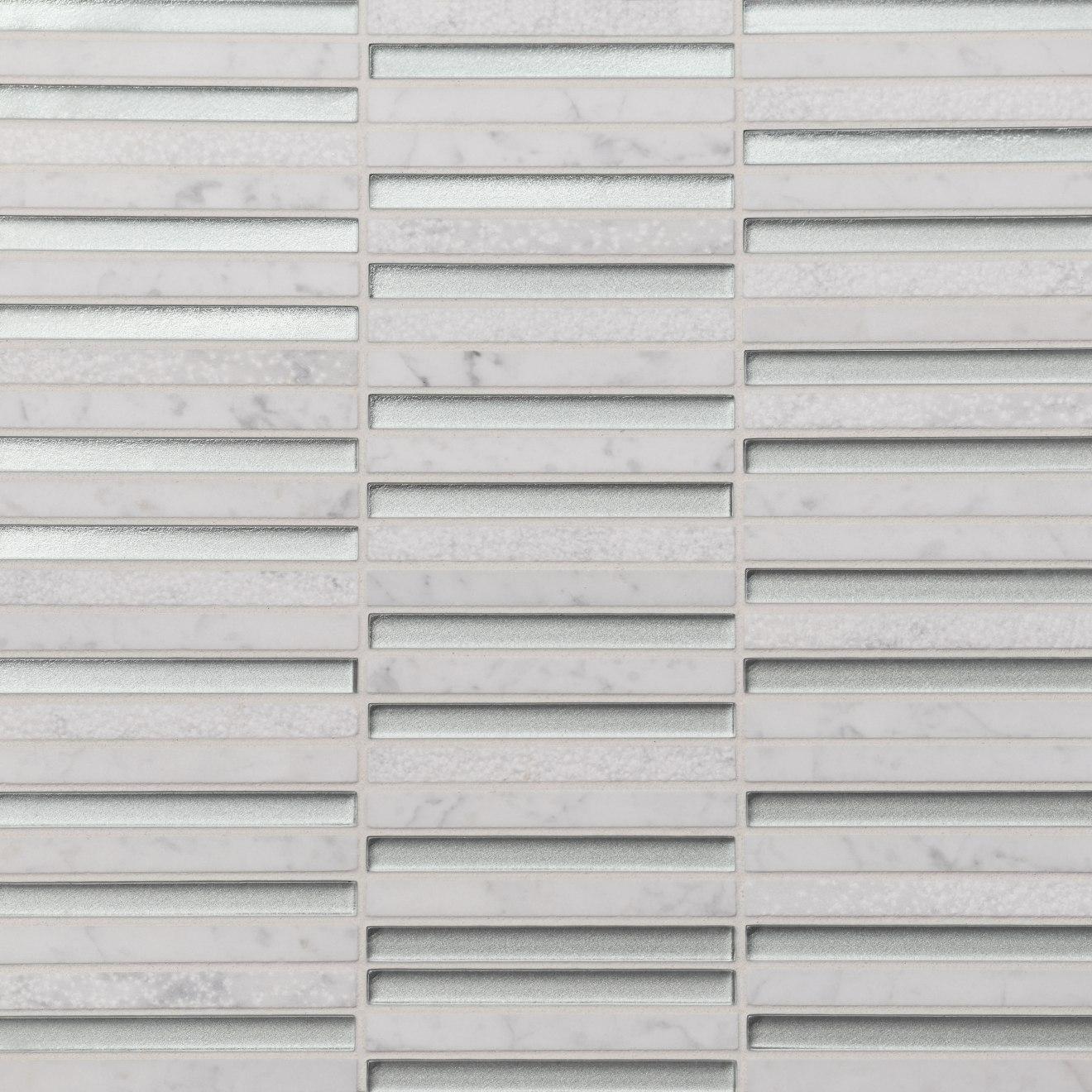 Kaikos Stacked Glass/Stone Mosaic Matte 11-3/4X12 Silver & White Carrara