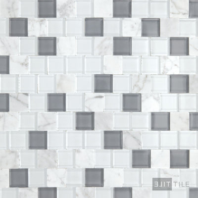 Perfit Mosaix 1X1 Natural Stone Mosaic 18X12 White Carrara & Glass Polished