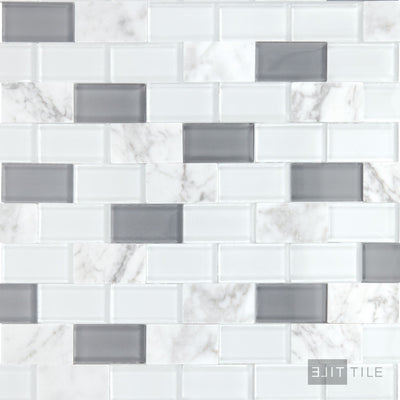 Perfit Mosaix 1X2 Natural Stone Mosaic 18X12 White Carrara & Glass Polished