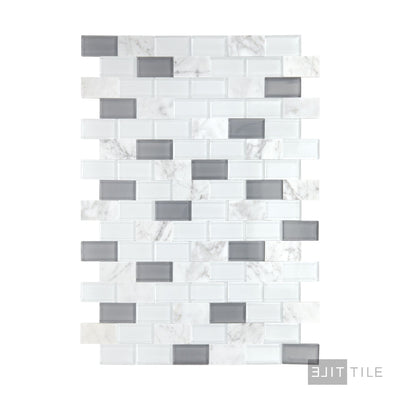 Perfit Mosaix 1X2 Natural Stone Mosaic 18X12 White Carrara & Glass Polished