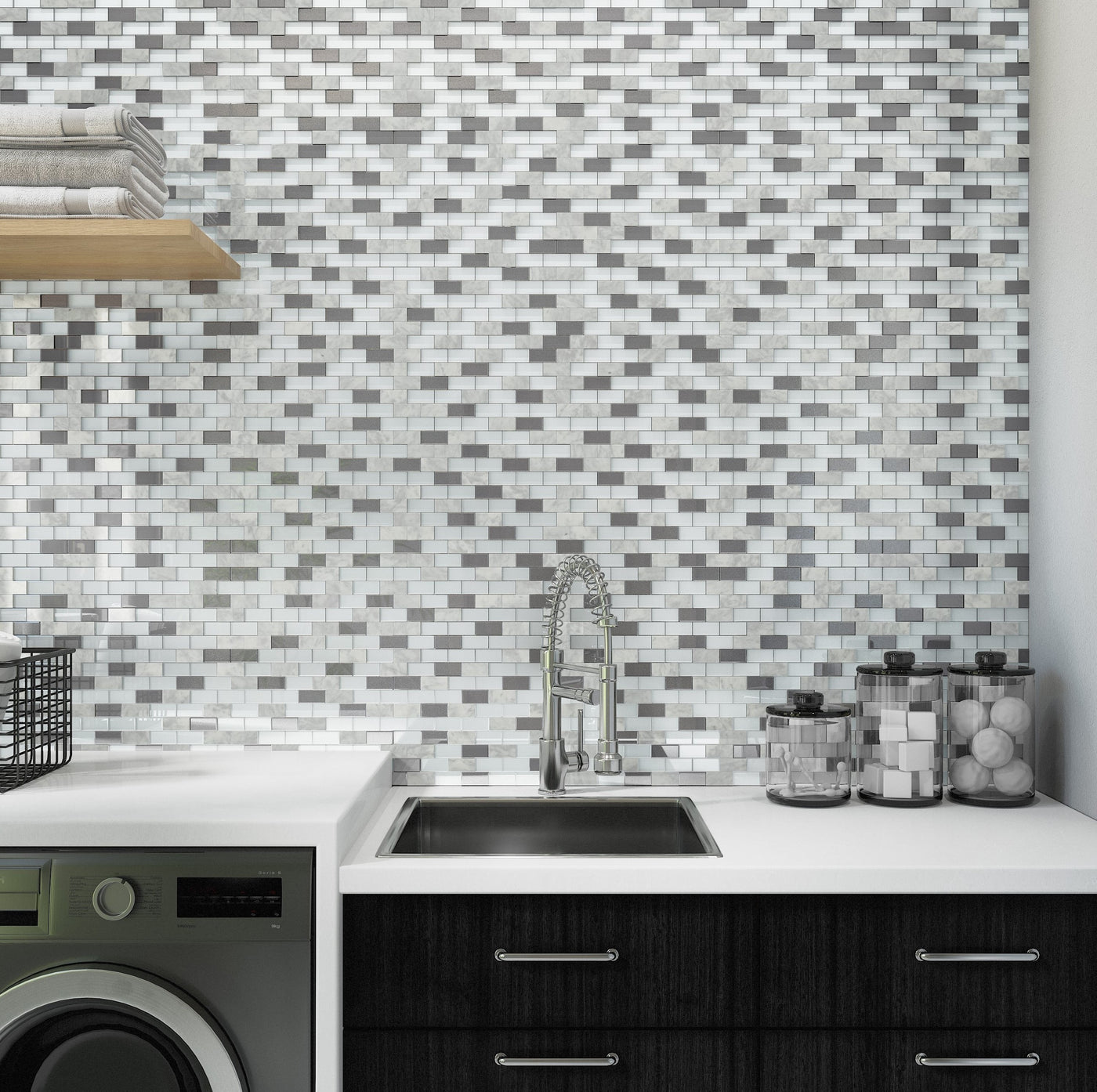 Perfit Mosaix 1X2 Natural Stone Mosaic 18X12 White Carrara & Glass Polished