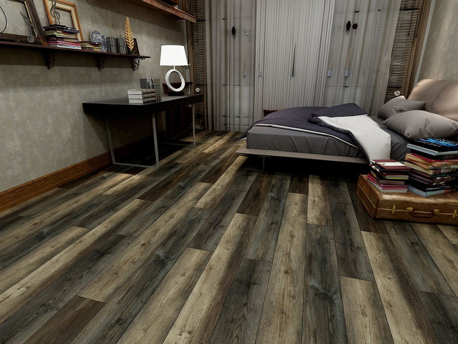 Bedroom featuring ElitTile Tile & Stone vinyl wood-look flooring with distressed planks in brown and grey tones.