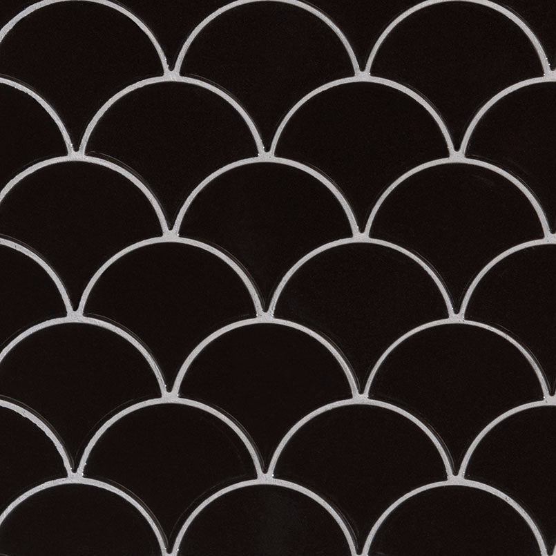 Domino Scallop Porcelain Mosaic 12X12 Black Glossy