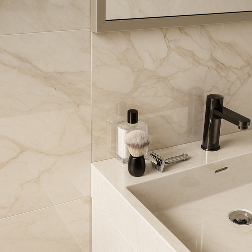 Modern bathroom vanity with Marmara marble countertop and integrated sink, black faucet, and grooming accessories