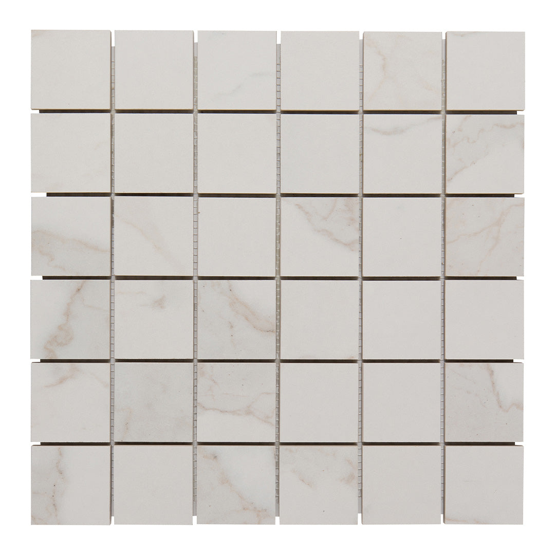 Calacata Porcelain Square Mosaic 2X2 White Brushed