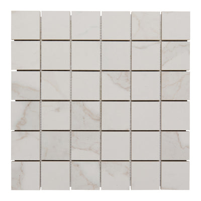 Calacata Porcelain Square Mosaic 2X2 White Brushed