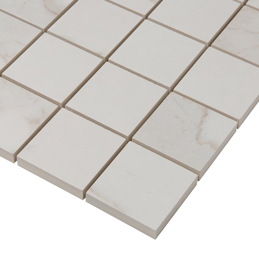 Calacata Porcelain Square Mosaic 2X2 White Brushed
