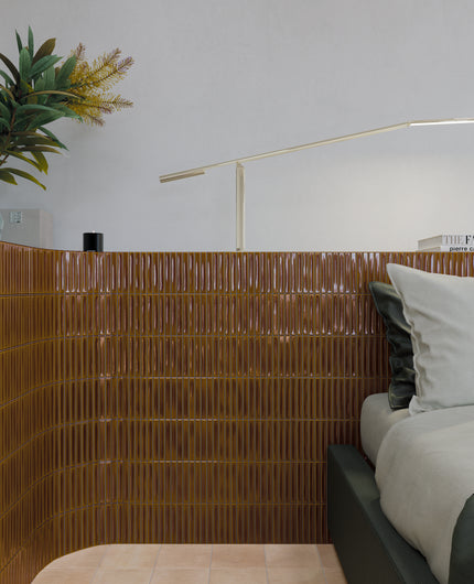 Lifestyle shot of Sweet Bars Honey 4.6X4.6 Glossy Porcelain Tile installed within a general living space for a realistic impression