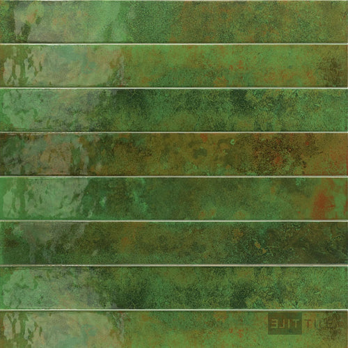 Full view of Bali Green 2x16 glossy ceramic tile with rich green coloring, narrow shape, and polished glossy finish
