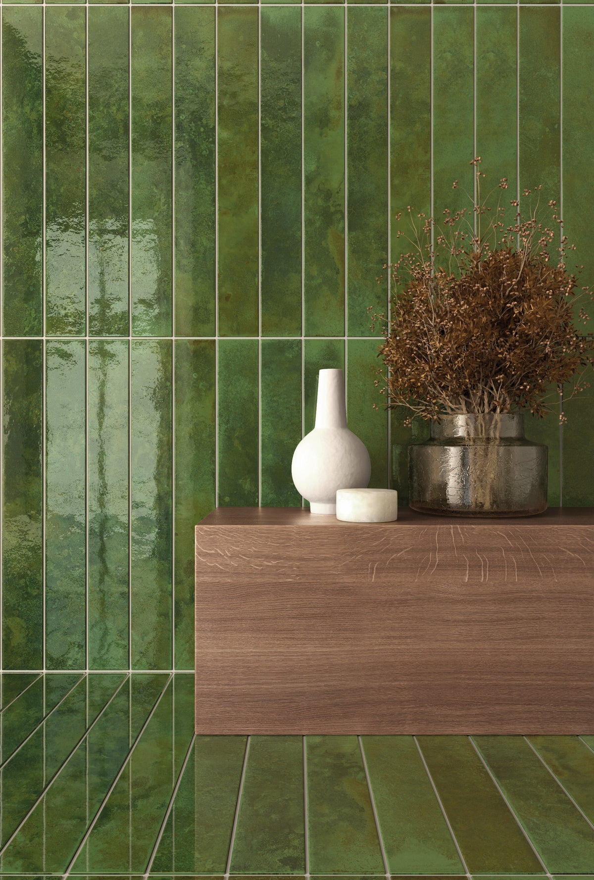 Bali Green 2x16 glossy ceramic tile on a feature wall and floor with deep green tones and reflective glaze