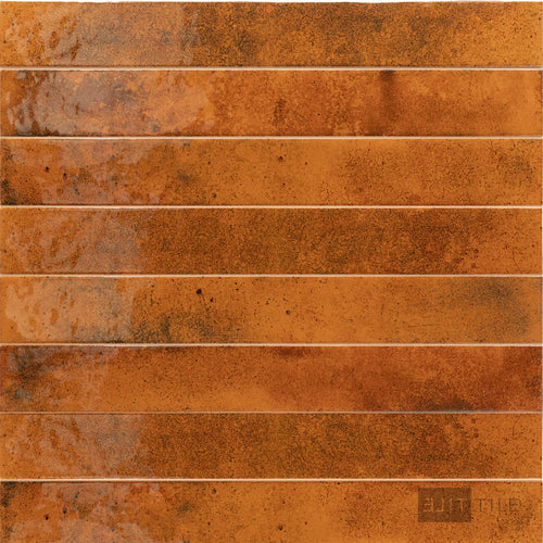 Product overview of Bali Ginger 2x16 glossy ceramic tile featuring warm earthy color and a smooth reflective surface