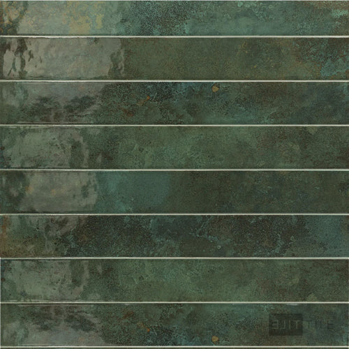 Bali Isle Of Pines 2x16 glossy ceramic tile displayed in full, showcasing deep green tone and glossy finish