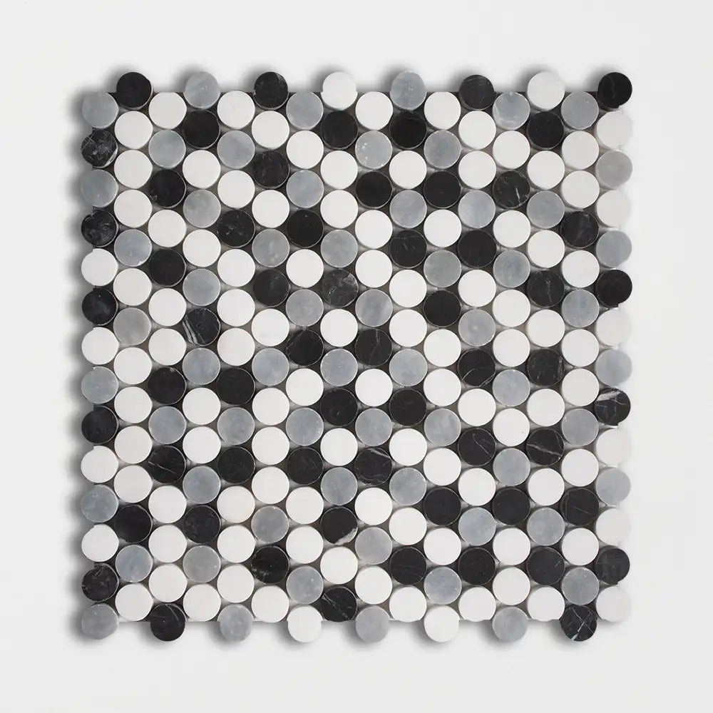 Penny Round Mosaic Collection 11.25X11.75 Black Snow White Allure Honed