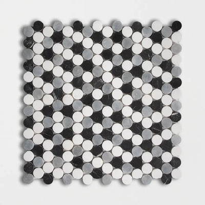 Penny Round Mosaic Collection 11.25X11.75 Black Snow White Allure Honed