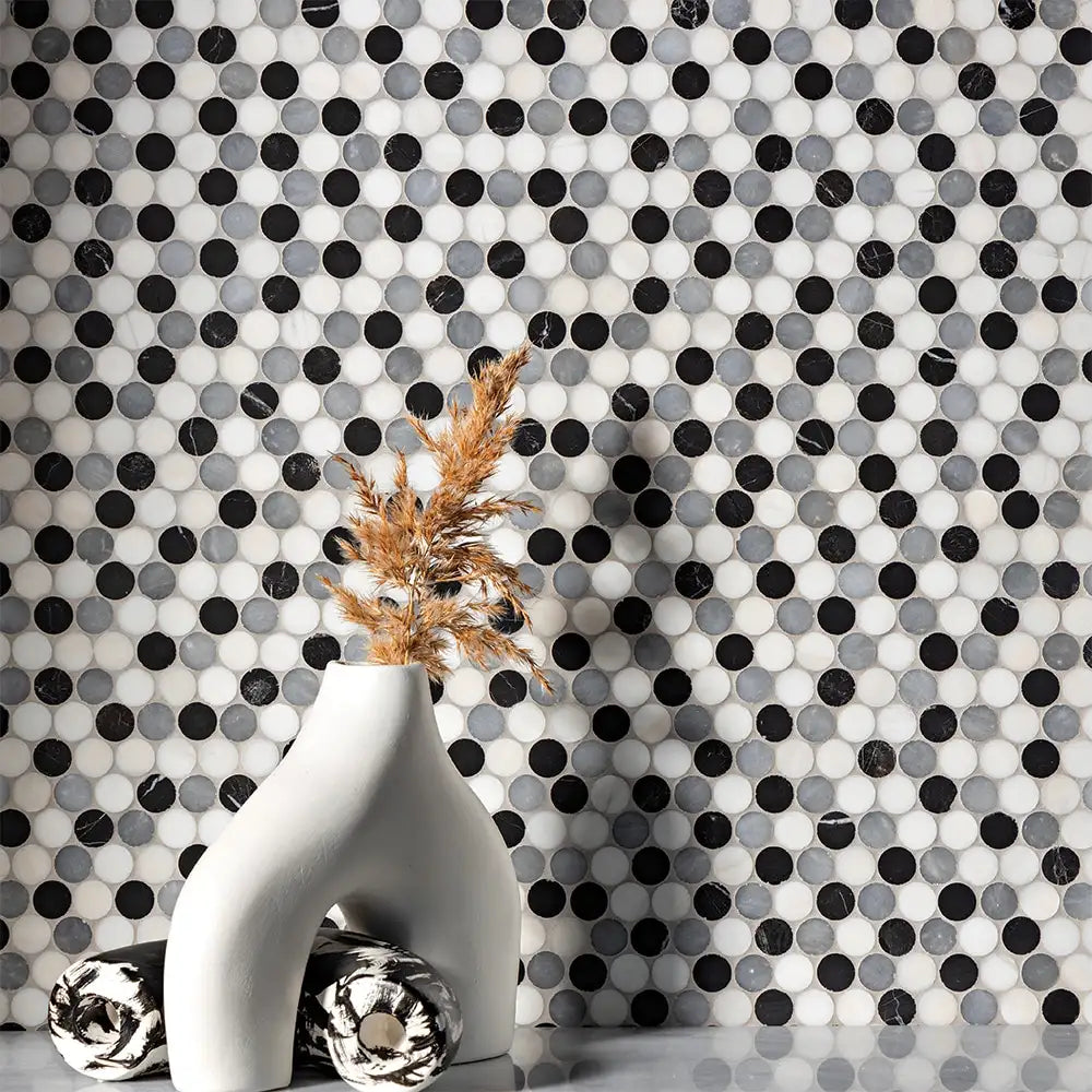 Penny Round Mosaic Collection 11.25X11.75 Black Snow White Allure Honed