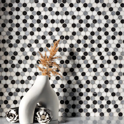 Penny Round Mosaic Collection 11.25X11.75 Black Snow White Allure Honed