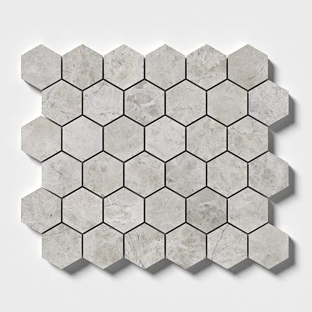 Silver Clouds Marble 2X2 Hexagon Mosaic 10-3/8X12 Silver Clouds Polished