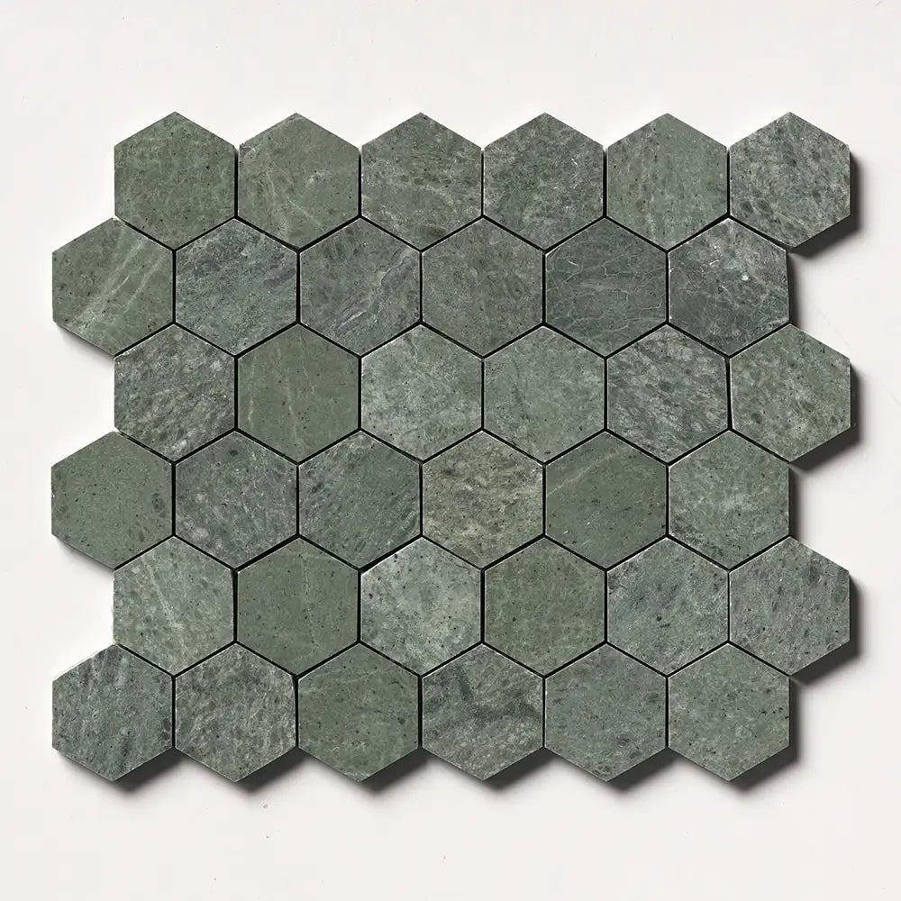 Verde Tia Honed Marble 2X2 Hexagon Mosaic 10-3/8X12 Verde Tia Honed