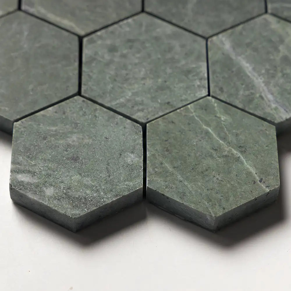 Verde Tia Honed Marble 2X2 Hexagon Mosaic 10-3/8X12 Verde Tia Honed