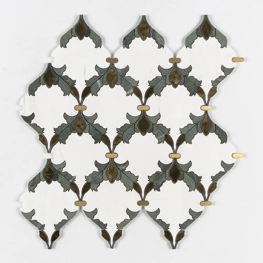 Verde Tia Honed Marble Floral Arabesque Mosaic 8-3/16X11-13/16 Snow White Brass Verde Tia Honed