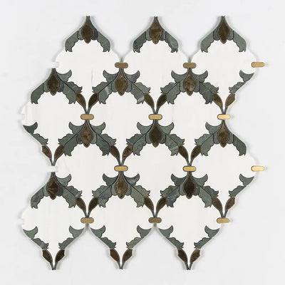 Verde Tia Honed Marble Floral Arabesque Mosaic 8-3/16X11-13/16 Snow White Brass Verde Tia Honed