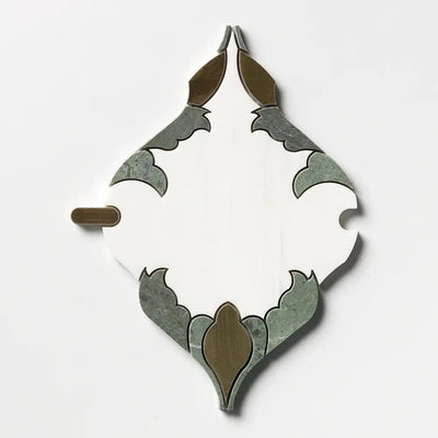 Verde Tia Honed Marble Floral Arabesque Mosaic 8-3/16X11-13/16 Snow White Brass Verde Tia Honed